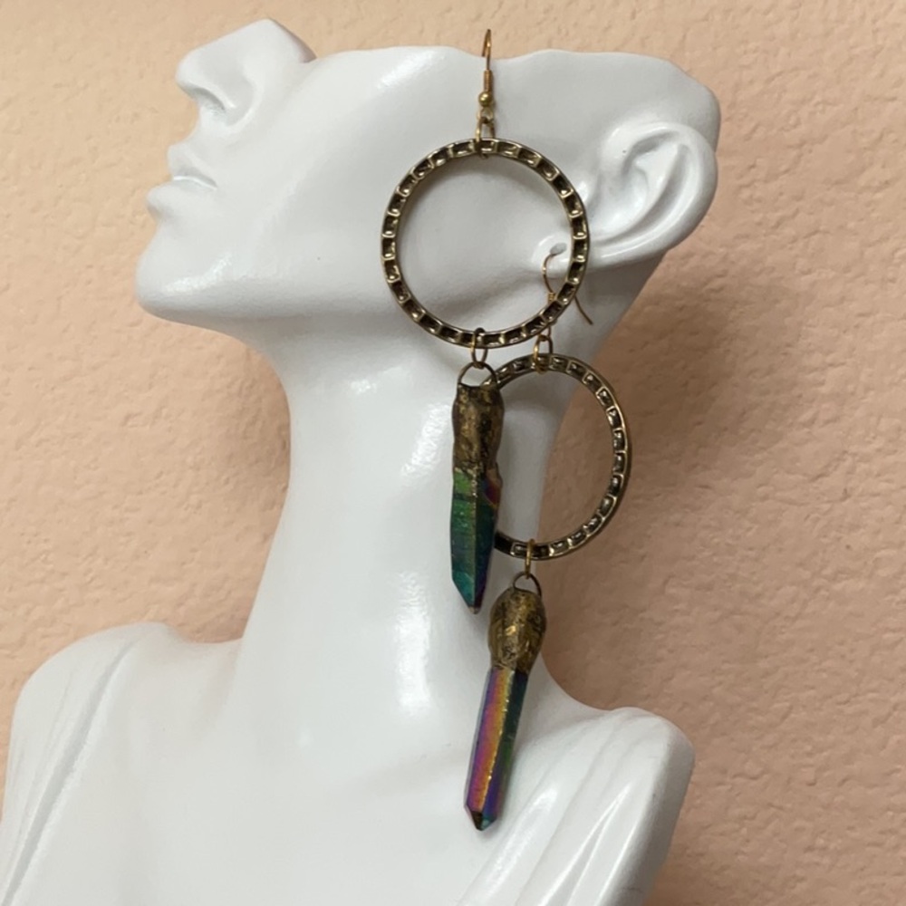 Brass Distressed Hoop Natural Rainbow Titanium Quartz Earrings - Women Jewelry